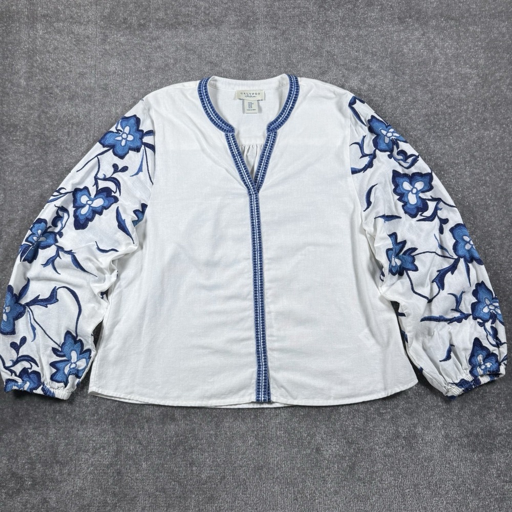 Calypso St. Barth Top Medium White Flax Cotton Blend Embroidered Peasant Boho - Picture 1 of 7